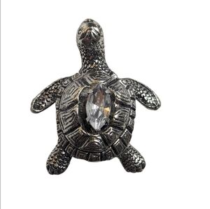 Vintage Turtle Brooch with Clear Marquise Crystal Center